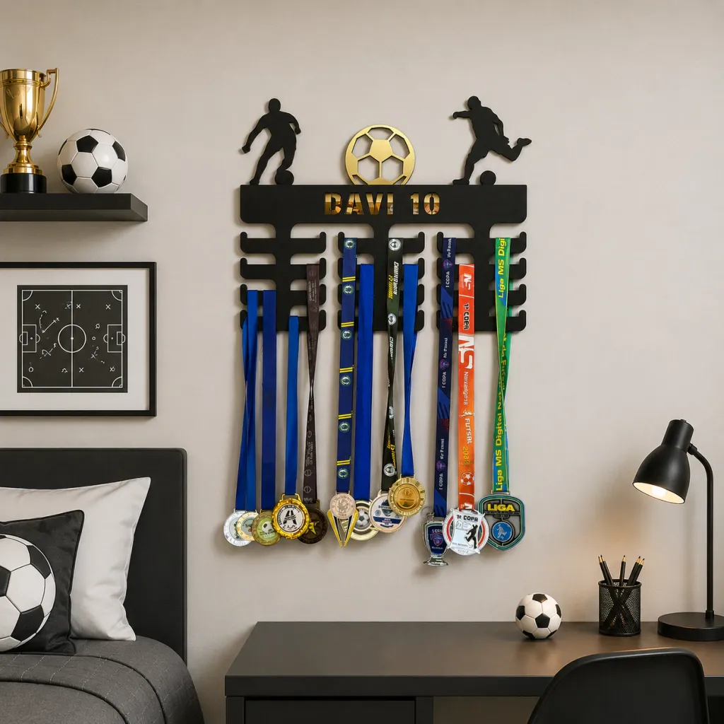 Porta Medalhas Futebol Personalizado em MDF com Acrílico